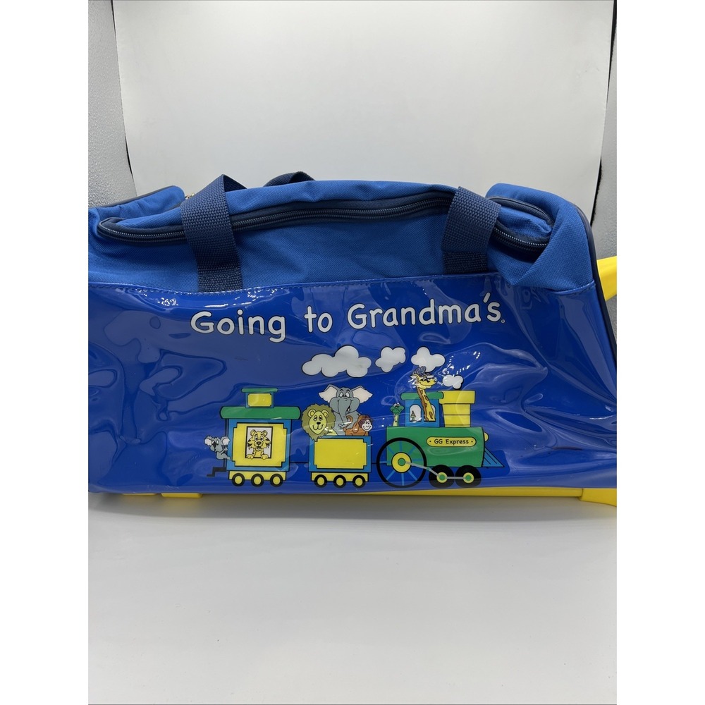 Vintage 90s Going to Grandma's Rolling Duffel Bag Kids Luggage Blue Circus Train